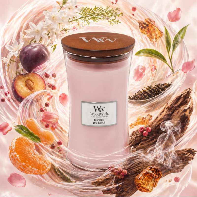 Woodwick Rosewood illatú nagy üveggyertya